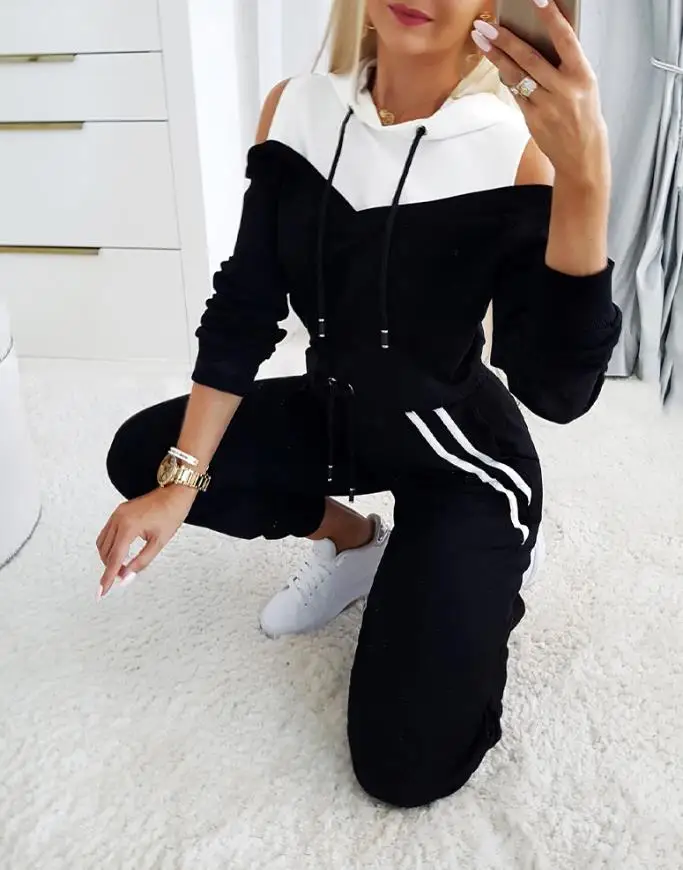 

2-Piece Color-Block Hoodie Set with Cold Shoulder And Striped Joggers Casual Drawstring Elastic Waist Top And Pants Ensemble
