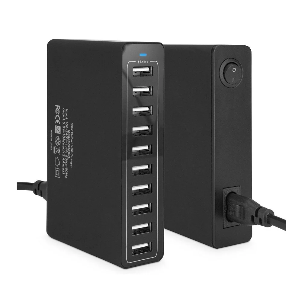 60W Mobile Phone Charging Hub Multi USB Desktop Charger 10 Ports USB Charger Station Dock for iPhone iPad Kindle Samsung Xiaomi