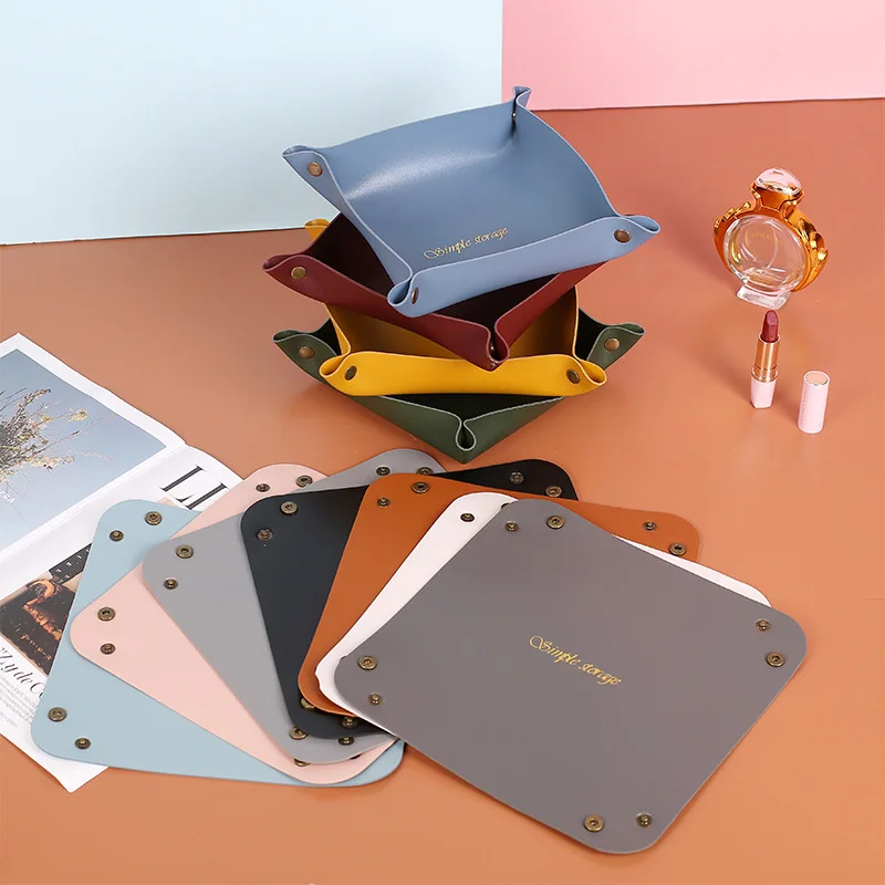 

Nordic PU Leather Storage Box - Foldable Desktop Tray for Jewelry, Cosmetics, Keys & Table Organization