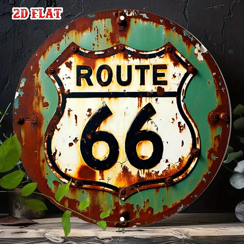 2D Vintage Metal Sign, Retro Route 66 Round Aluminum Wall Art, Farmhouse Green White, 7.87x7.87 Inch, for Home Garage Cafe Trave