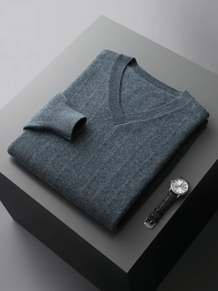 Light Luxury 100% Merino Wool Sweater Men V-Neck Pullovers Loose Solid Knitted Tops Autumn Winter Long Sleeve Warm Base Shirt