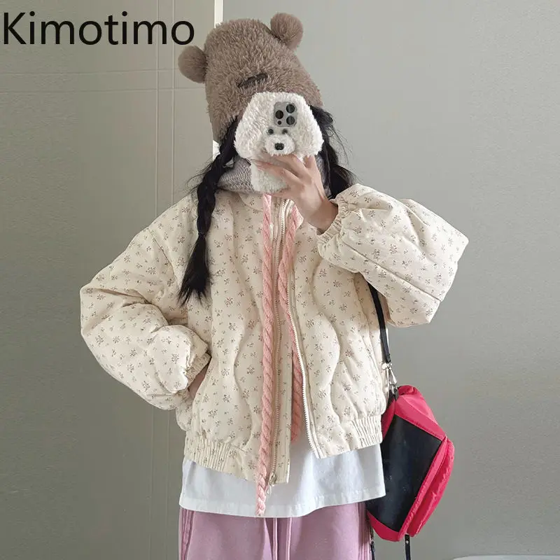 Kimotimo Floral Parkas Jacket Women 2024 Winter Sweet Printed Zipper Cotton Bread Coats Korean Fashion Preppy Warm Short Tops