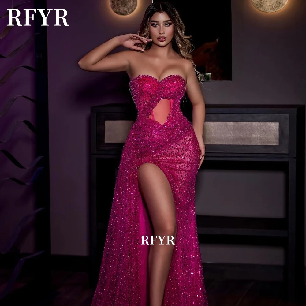 

RFYR Glitter Evening Dress High Slit Party Dress Sweetheart Party Dress Beading Sexy Celebrity Dress for Women Customized