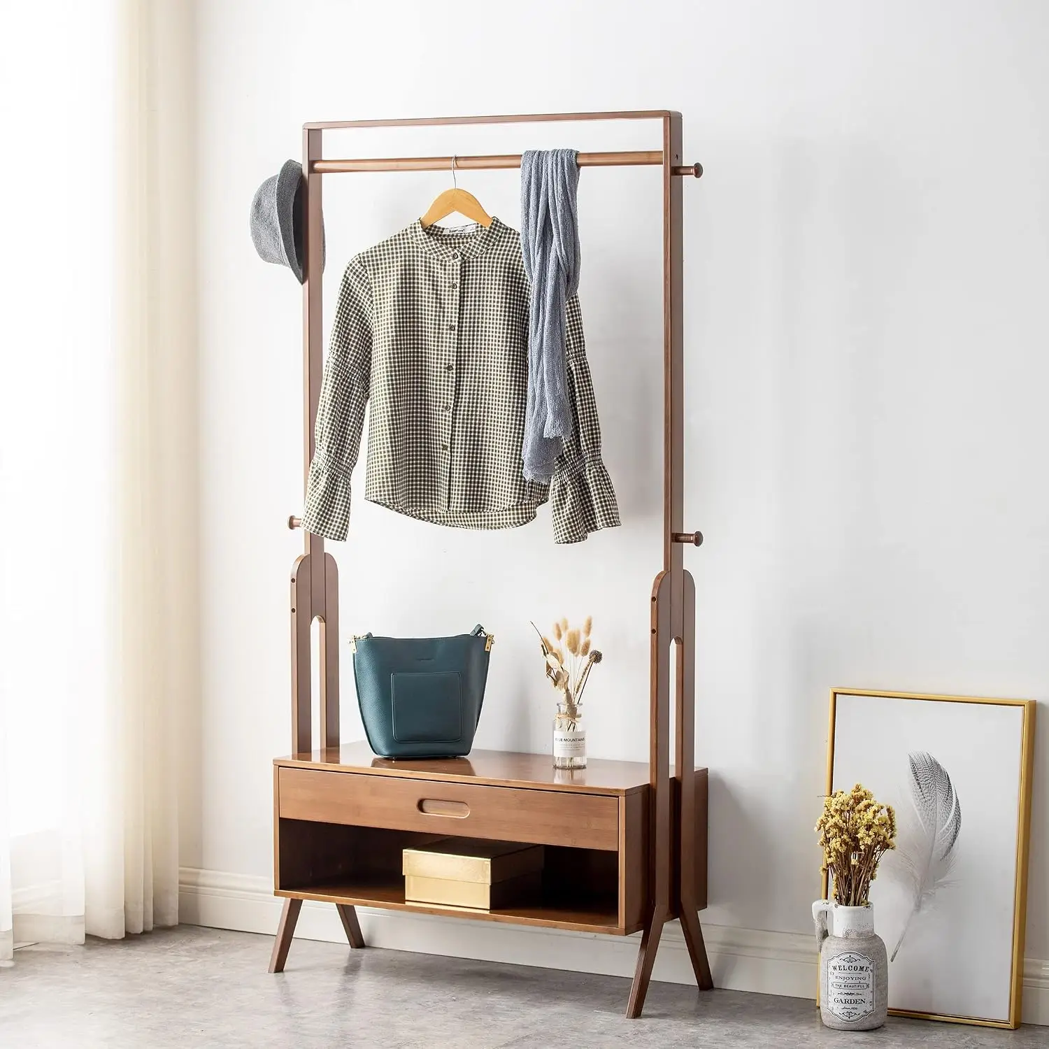 Freestanding Wooden Coat Rack with Seat Storage Drawer & Hooks for Coats Jackets Hats Bags Umbrellas 33x13x66.5in, Customized