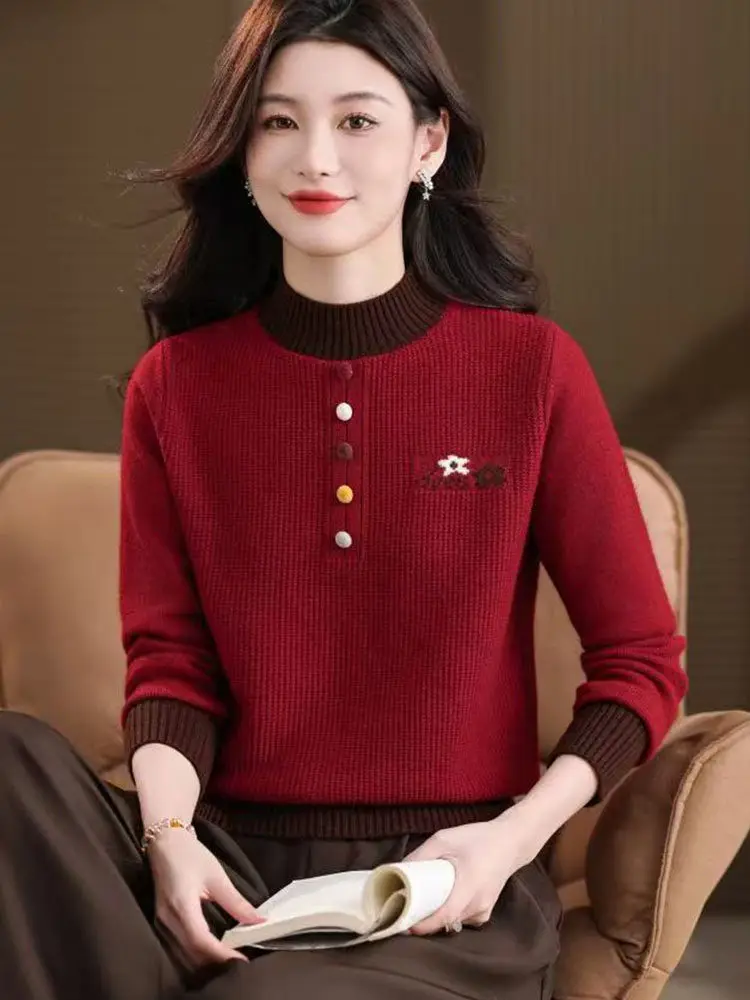 

Красный свободный женский вязаный свитер на пуговицах с высоким воротником, осень-зима, модный теплый базовый слой, топ