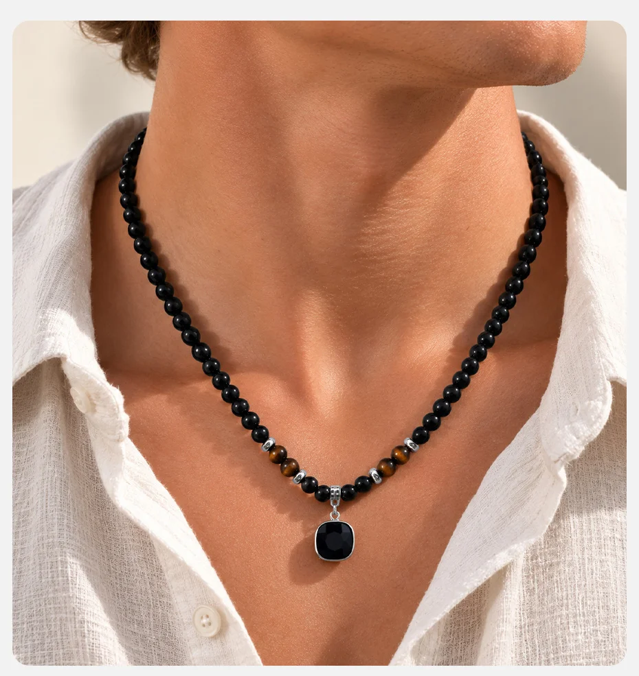 Vnox Herren Perlenkette, Edelstahl Schwarzes Quadrat & Grüner Rechteckiger Glasanhänger, Tigerauge Obsidian Perlenkette Schmuck für Männer – Detail 1