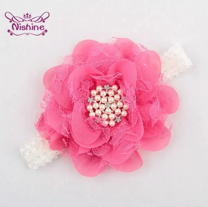 1PCS Cute Lace Chiffon Flower with Pearl Rhinestone Button Center Elastic Kids Girls Headband Party Birthday Gift Headwear