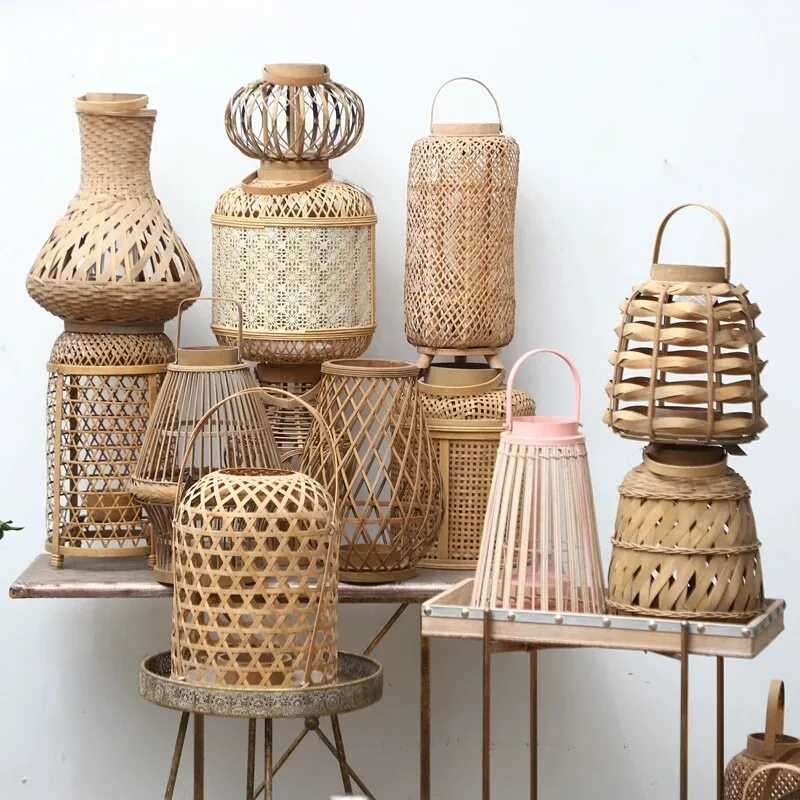 Handmade Bamboo Rattan Woven Lampshade Retro Craft Lantern Wind Light Cover for Home Decor Wedding Party Ornament