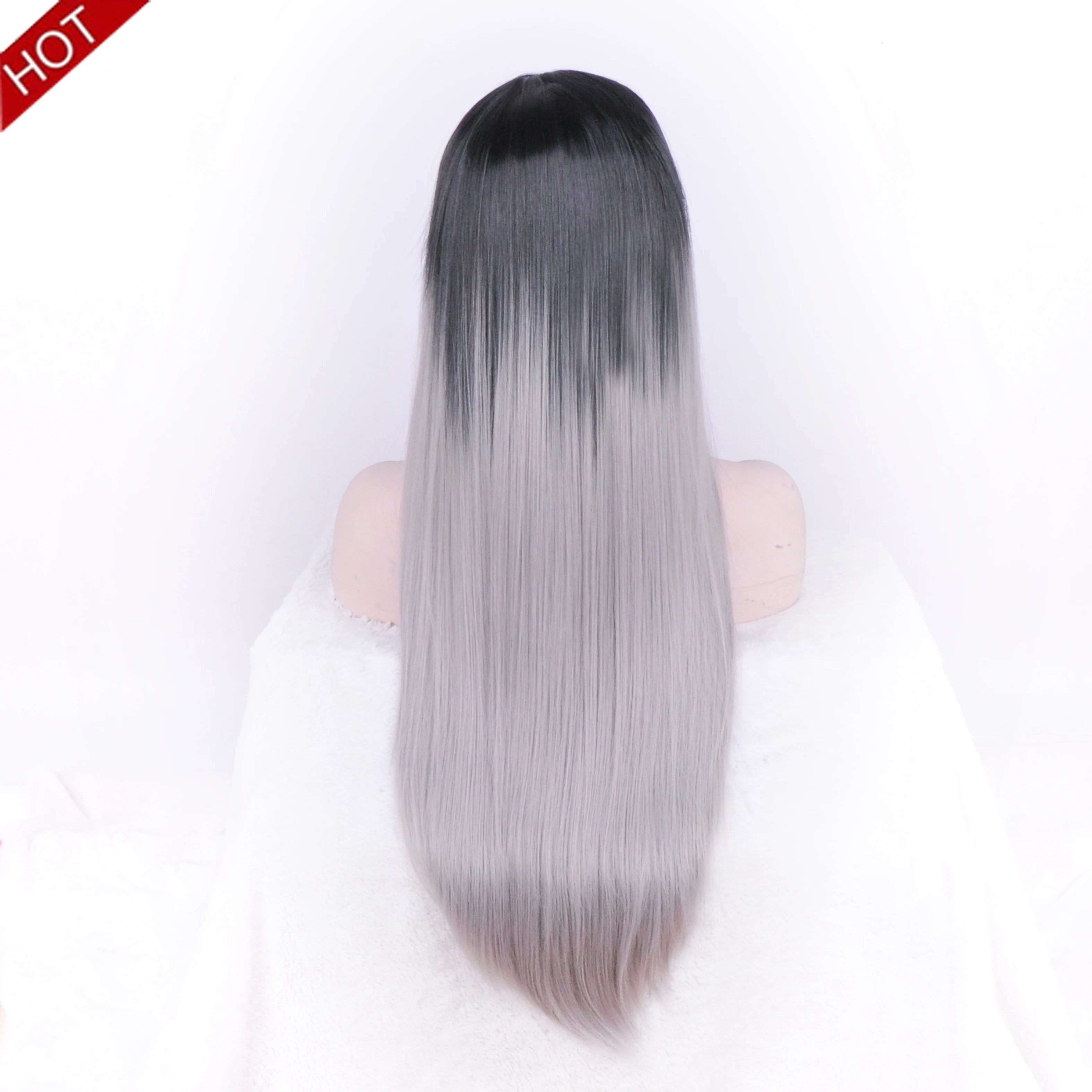 Black to Gray Straight Synthetic Lace Front Wig for Women 100% Handmade Ombre Color Long Wig with Natural Look