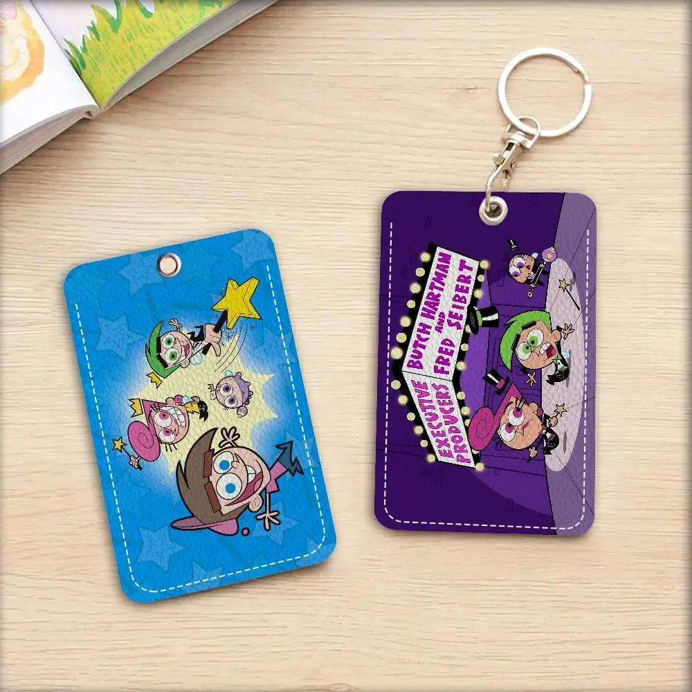 Children Animation The F-Fairly O-Oddparents Rectangle ID Card Case Keychain Access Card Bag Key Tag Ring Leather Card Holder