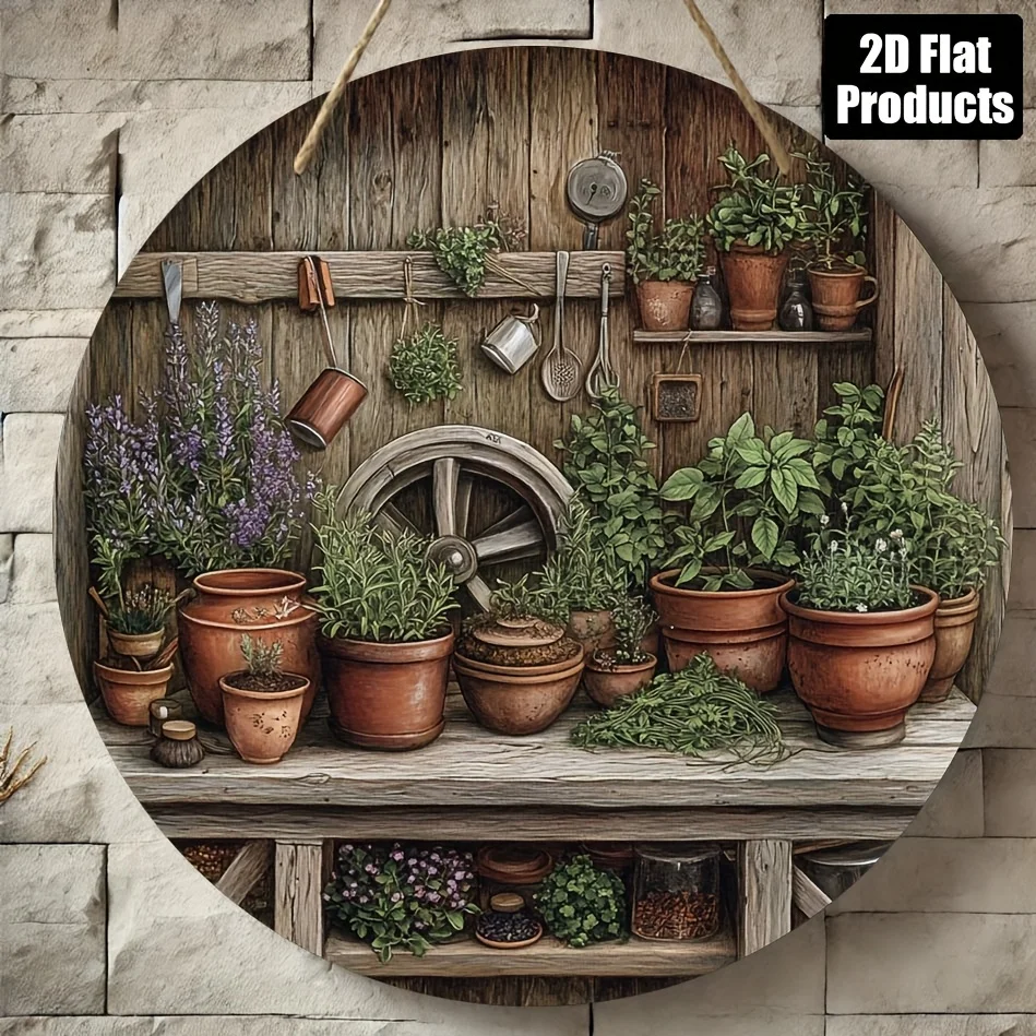 2D Flat – [Home Relaxation] Rustikales Wandkunstschild aus Holz mit Vintage-Topfpflanzen-Design – 20,3 x 20,3 cm rundes dekoratives Schild für