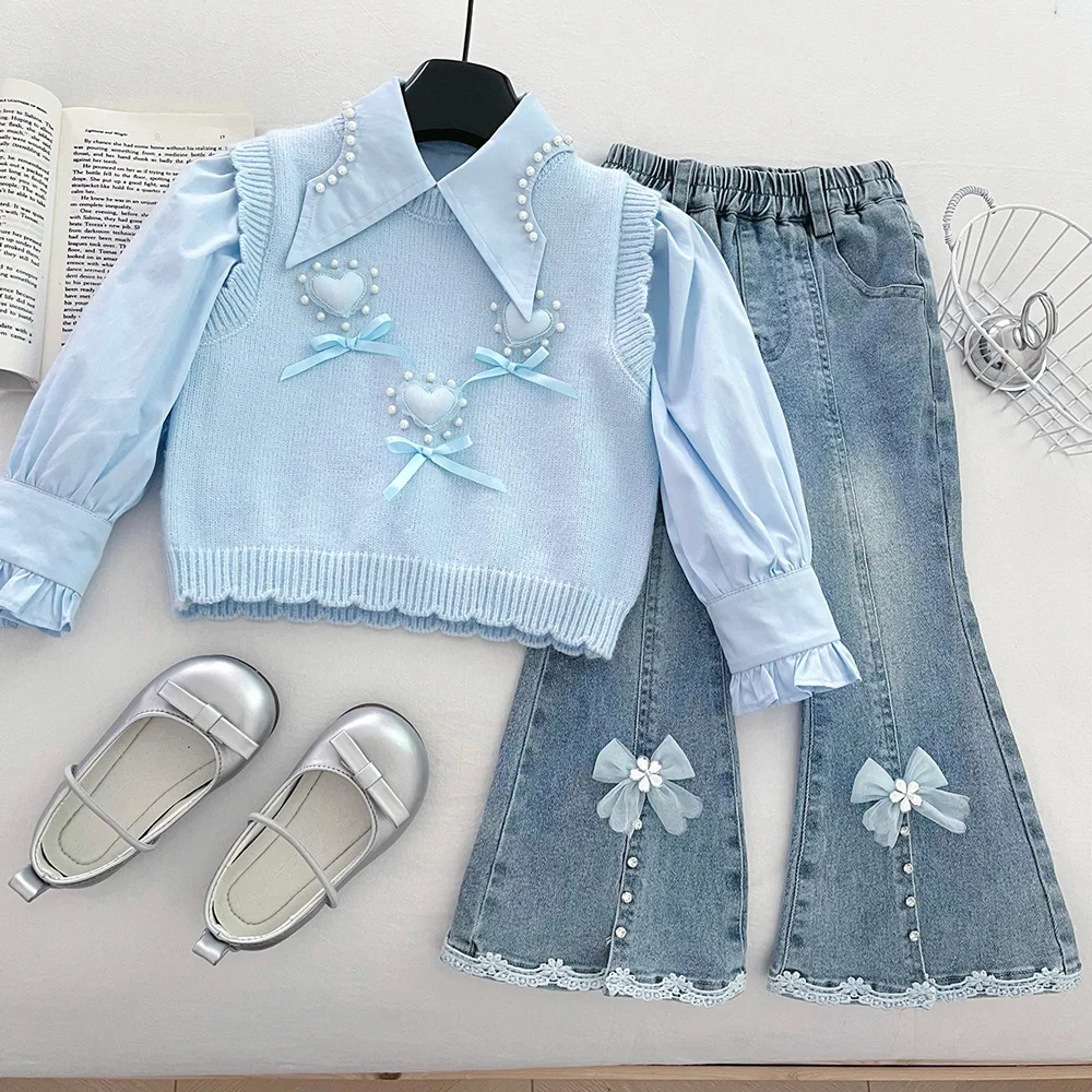 

Girls' autumn three-piece set 2025 new little girl foreign-style knitted vest shirt flared pants jeans set