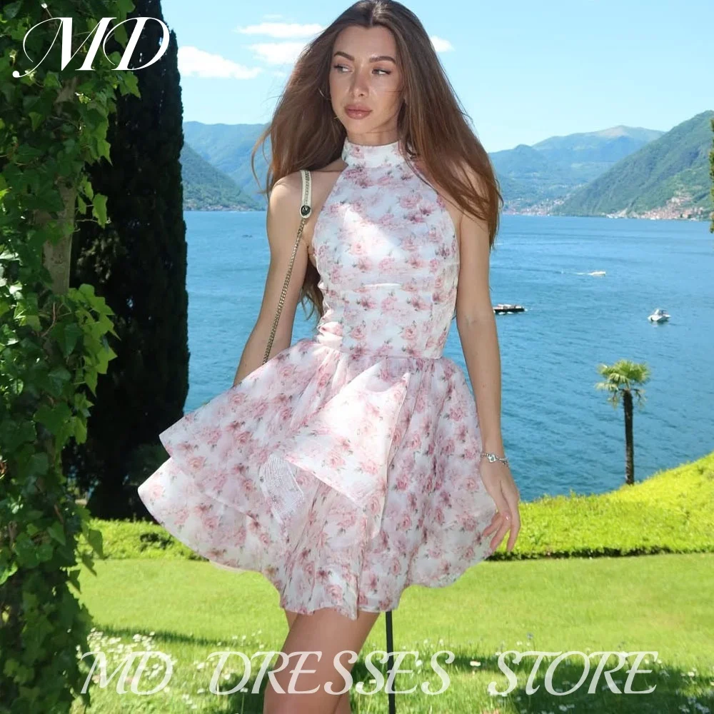 

MD Floral Pink Halter Short A-line Evening Gown Beach Tiered Organza Sleeveless Cocktail Prom Gown Prom Gown Customized 2025