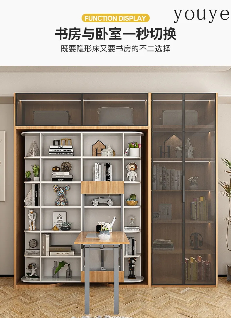 Multi-space solid wood rotating desk cabinet Murphy bed multi-function foldable space-saving wall bed invisible image 5
