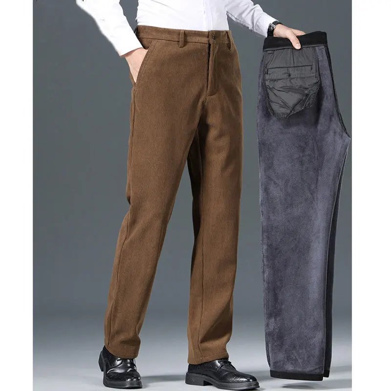 Men's corduroy and thick velvet 2024 winter new slim fit straight tube warm men's light luxury business casual pants TL-9808R