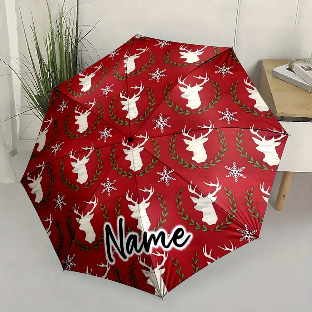Custom Name Festive umbrella with red design featuring deer patterns 8 Iron Ribs Folding Umbrella Auto-Open Fashion Sunshade