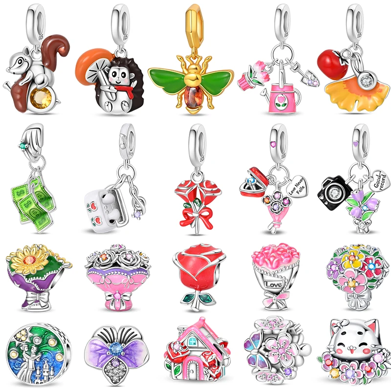 Original 925 Sterling Silver Romantic Rose Flower House Camera Love Charms Beads Pendant For Bracelet Fine DIY Jewelry Gifts