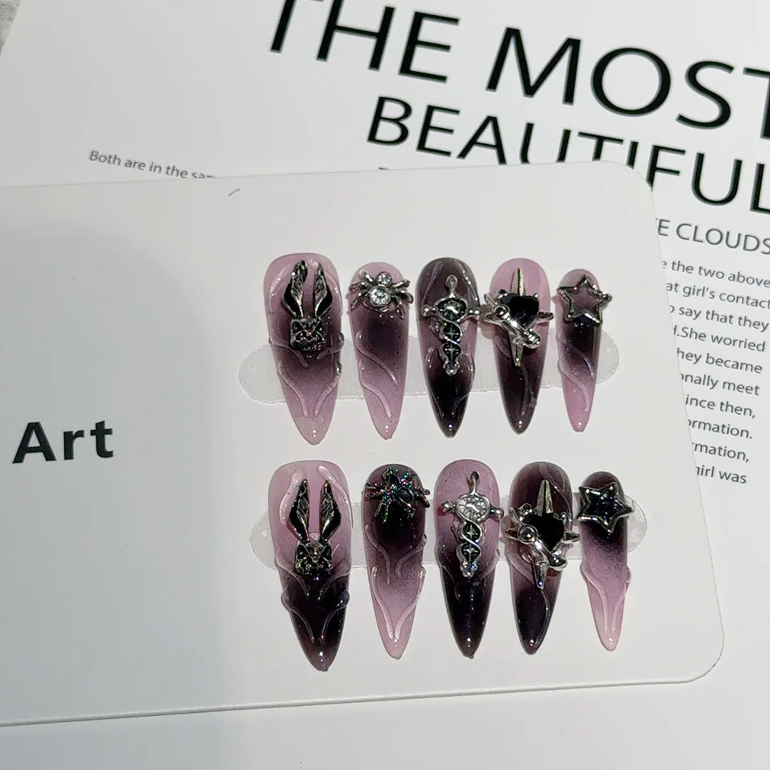 10 pezzi scuro romantico gotico sfumato fatto a mano stampa sulle unghie 3D metallo coniglietto amuleto catena d'argento stelle gemme ragno unghie finte