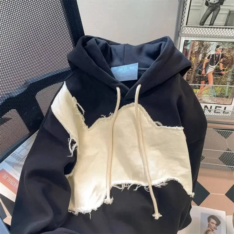 American retro unique unique patch stitching sweater women's autumn and winter new plus size loose fashion casual hooded coat.