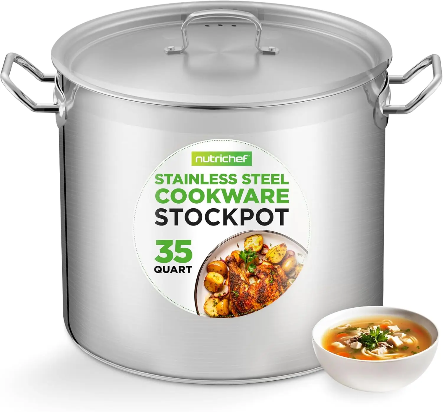 Stainless Steel Cookware Stockpot, 35 Quart Heavy Duty Induction Soup Pot With Stainless Steel Lid And Strong Riveted Handles, E