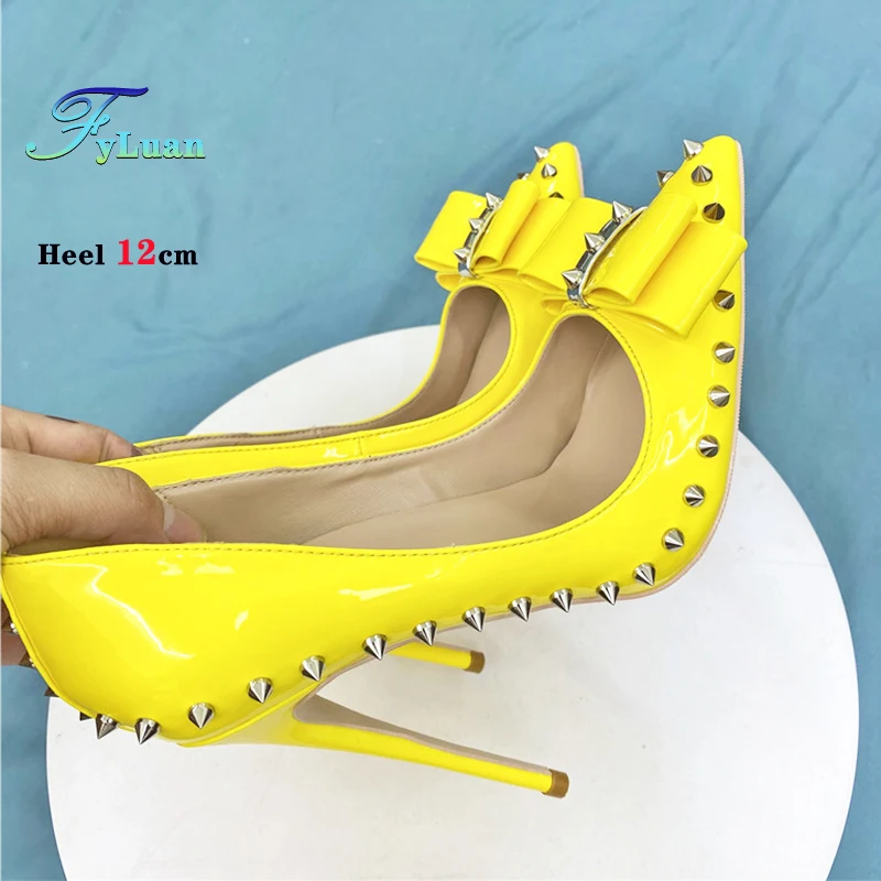 

Желтые женские туфли на высоком каблуке 8-12 см, модные туфли на шпильке с заклепками и острым носком, женские вечерние туфли-лодочки с бантом