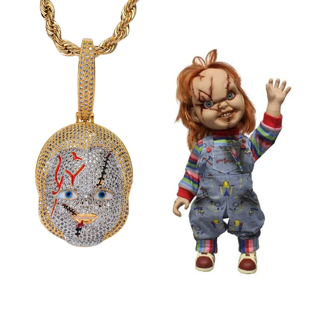 ins new hip-hop jewelry, horror movie ghost baby chucky pendant, hipster micro-inlaid zirconium Stone necklace