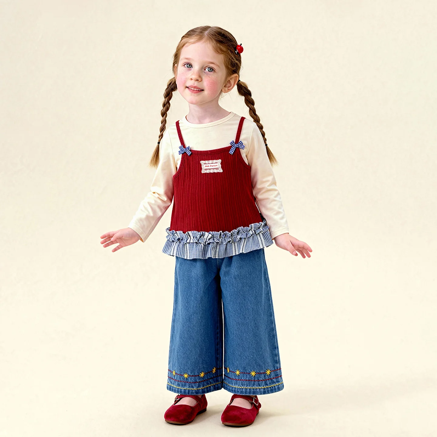 Amila 2026 Spring Girls' T-Shirt Set Sweet And Versatile Long Sleeve Bottom Shirt Strap Two Piece Set Trendy Daily Fashion