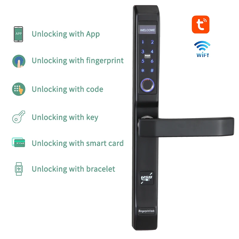 Tuya wifi fingerprint slim stainless keyless digital electric door lock for sliding door