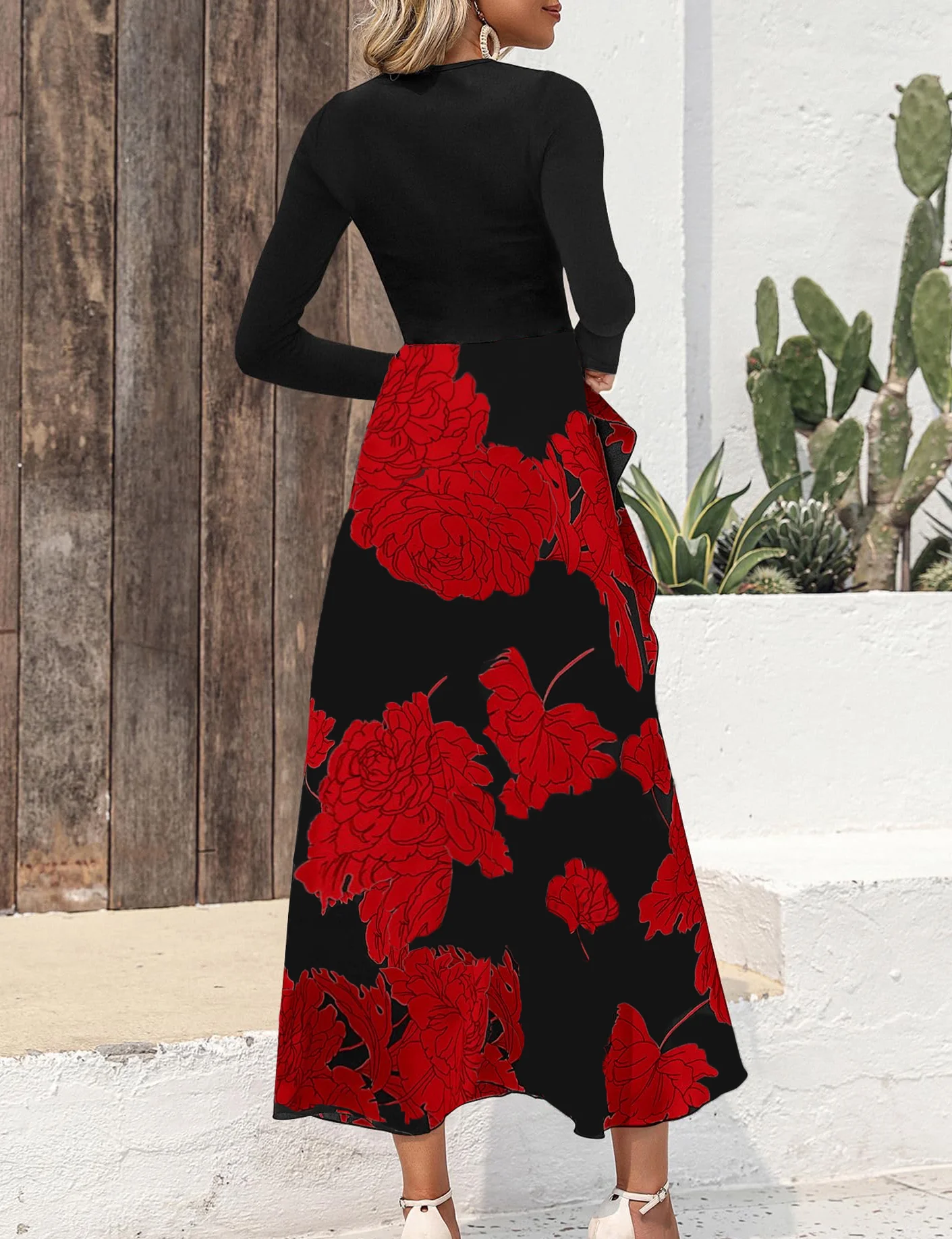 Women's Elegant Floral Casual Round Neck Long Sleeve Dress, Patchwork Ruffle Design, Perfect for Fall & Winter Daily Wear
