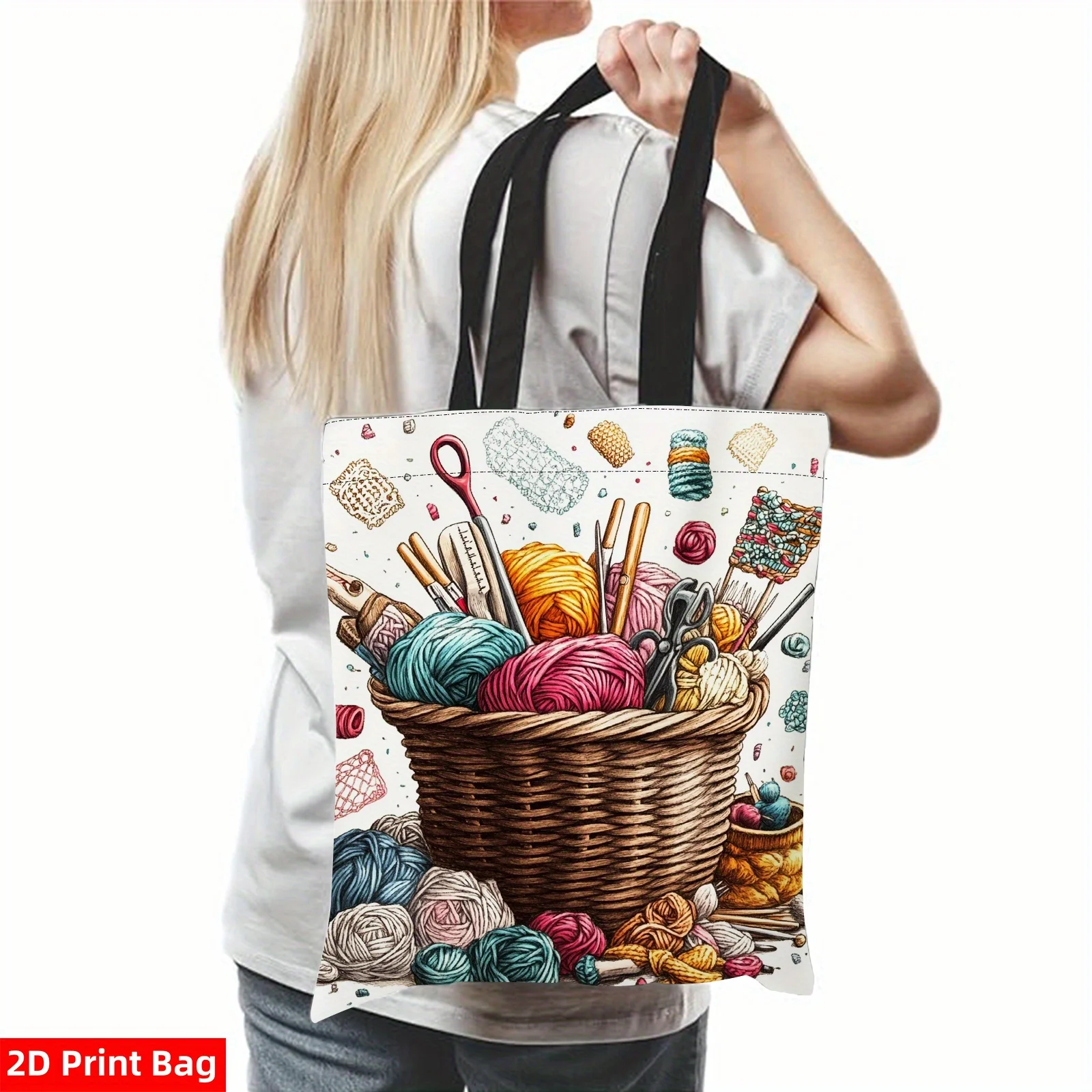 Women's Knitting Crochet Craft Tote Bag 2D Print Design with Yarn Balls, Needles & Tools Durable Polyester Casual Shoulder Bag