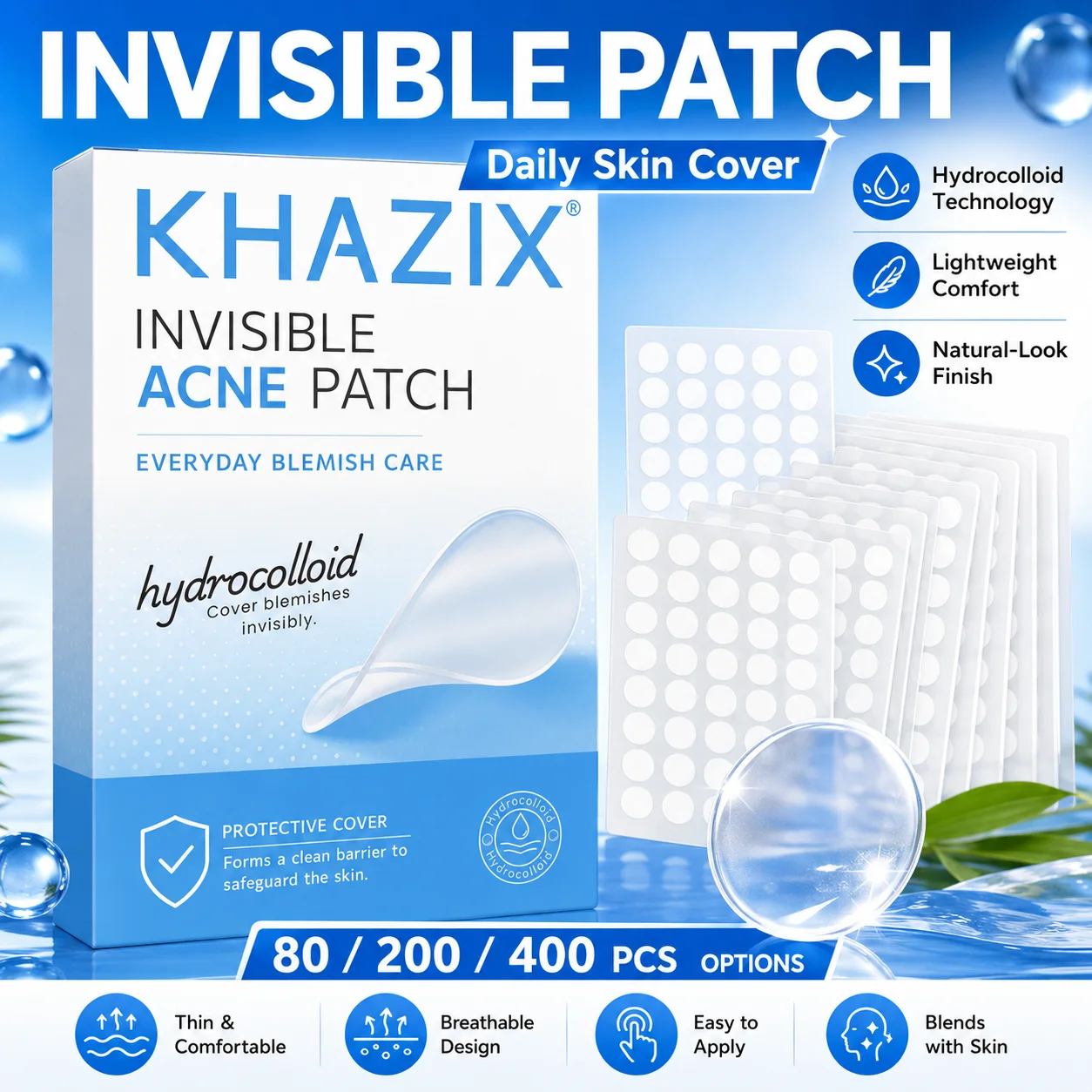 KHAZIX 80/200/400PCS Hydrocolloid Pimple Patches, Invisible Blemish Covers, Ultra-Thin Breathable Waterproof Face Stickers view 5