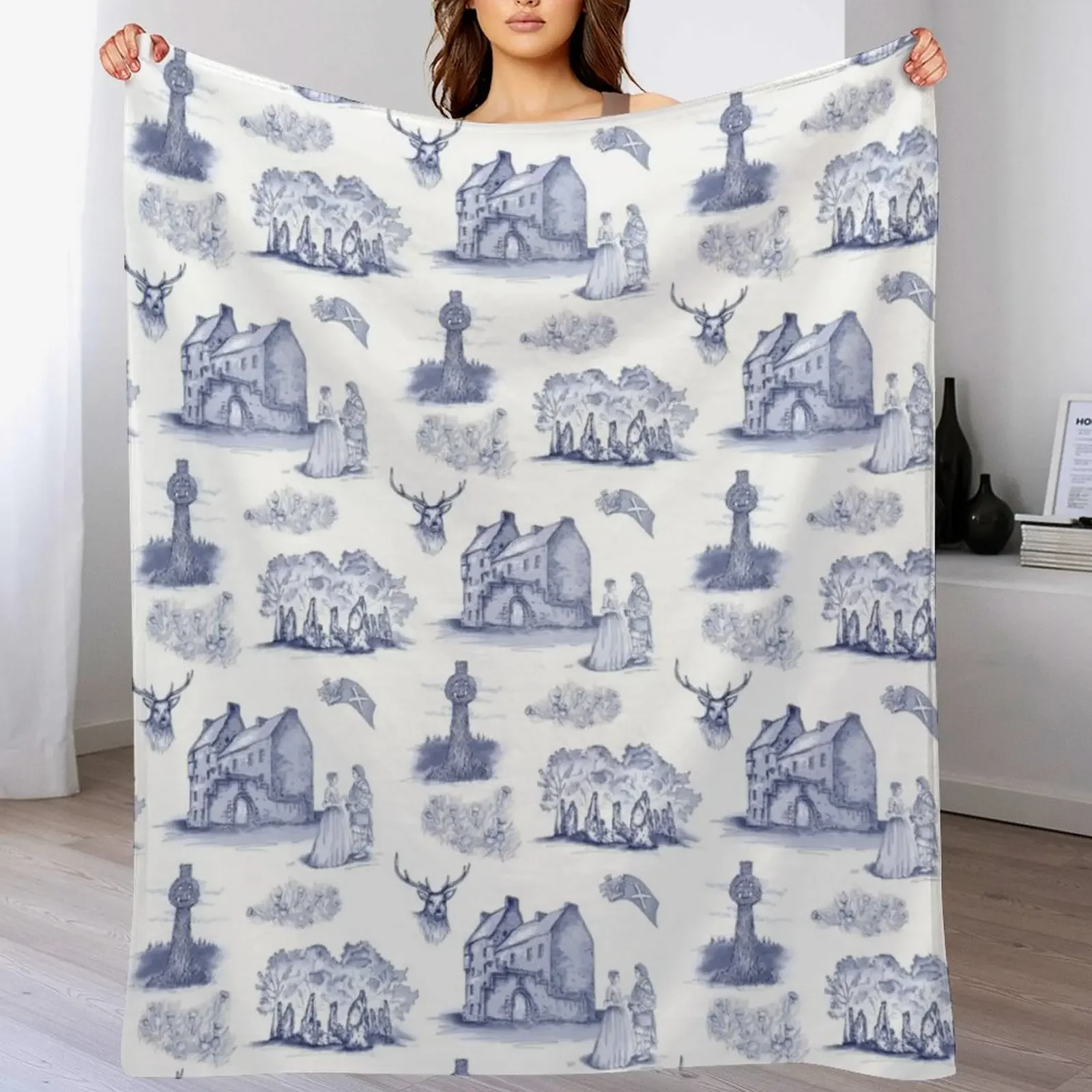 

Highlander Toile in Blue Throw Blanket Stain Resistant Cozy Warm Blanket