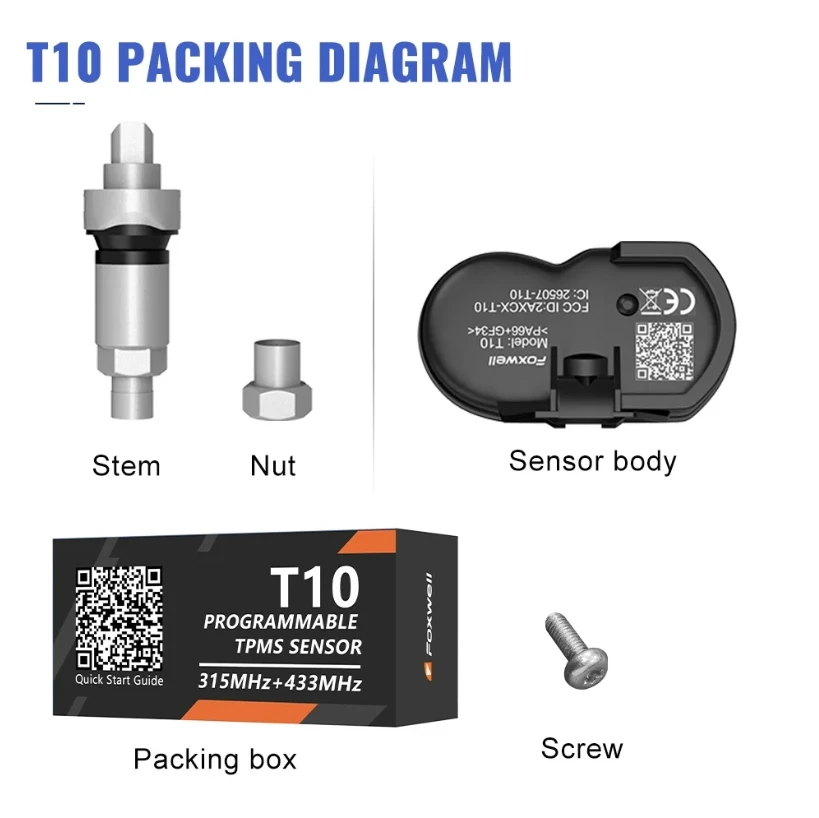 FOXWELL T10 Universal TPMS R F Sensor Programmable mx Sensor Dual Frequency 433Mhz 315MHz tire pressure monitoring system sensor