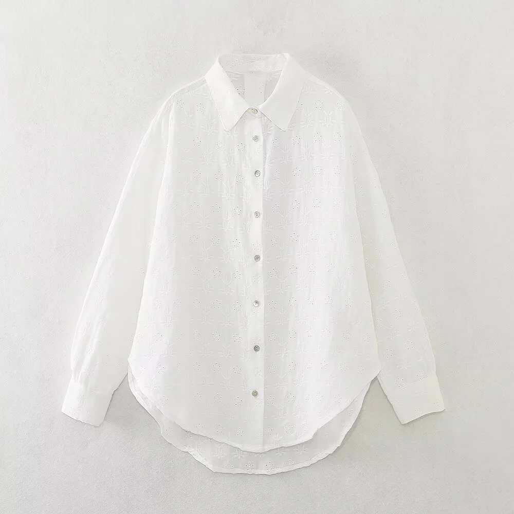 

Taop&Za women's asymmetrical hem side slit top for spring and summer new item, lapel hollow embroidery shirt