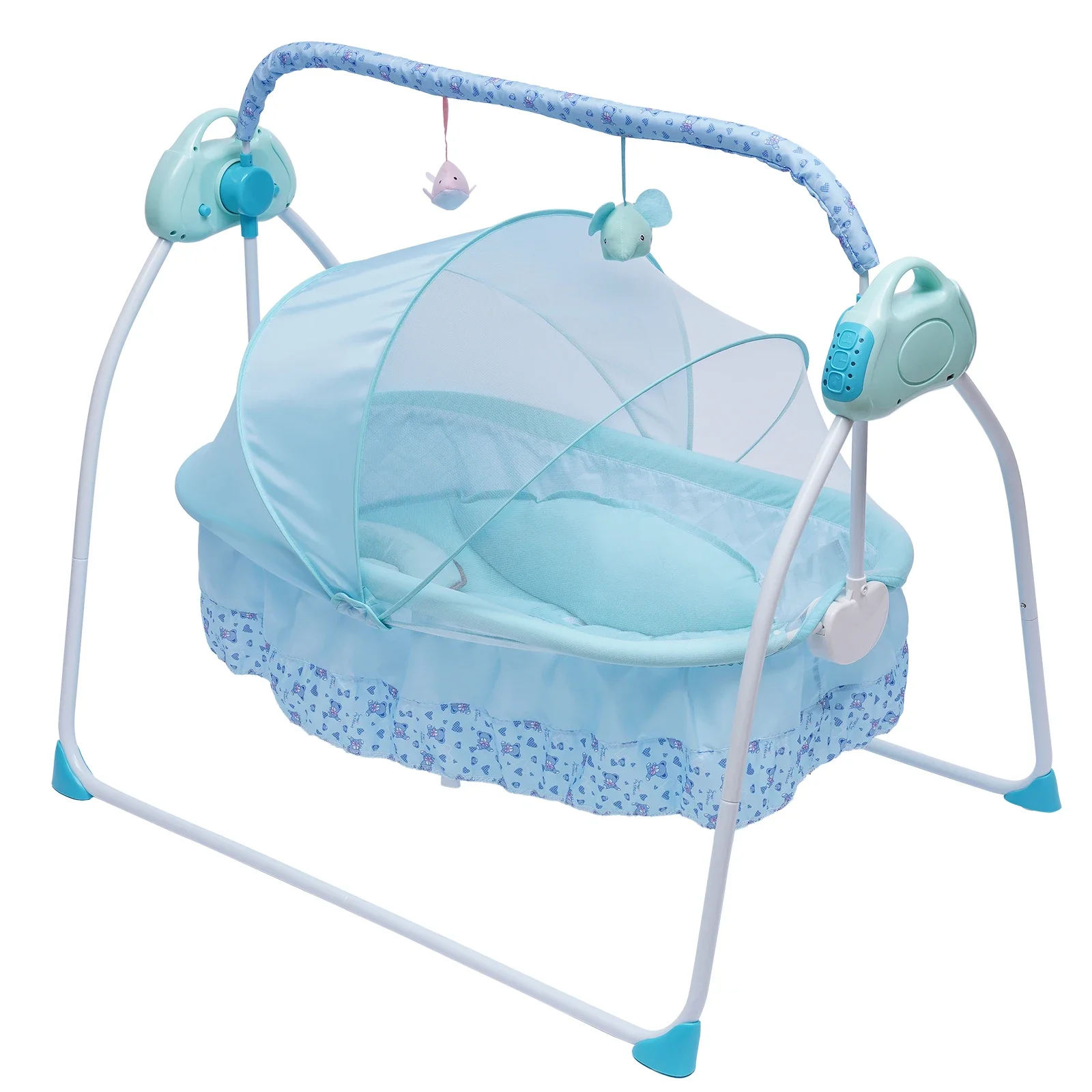 Electric Baby Crib Cradle Auto-Swing Newborn Sleep Bed Infant with Bluetooth blue with Chair+Music+Mat+Net