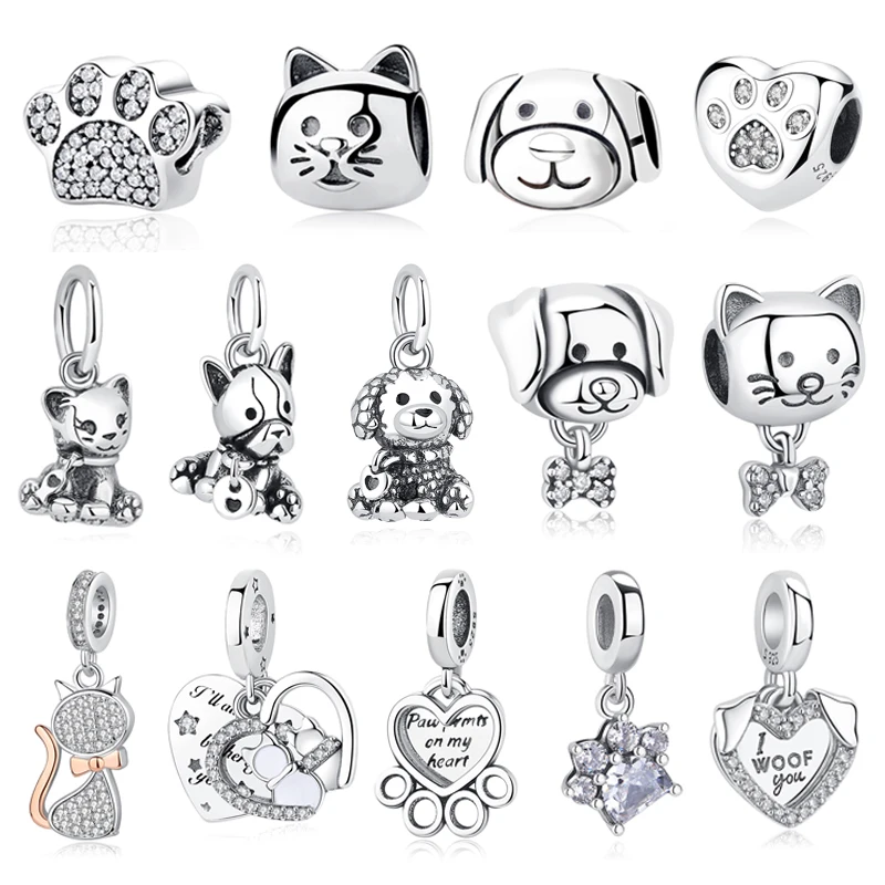 Original 925 Sterling Silver Charms Dog Cat Paw Print Love Pendant Beads Fit Pandora Bracelet Necklaces Diy Jewelry For Women