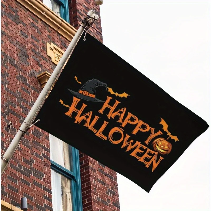 1pc Halloween Flag, Wishing You A Spooky Halloween, Frightening Pumpkin Face with Witch's Hat Design, Indoor Outdoor Decor