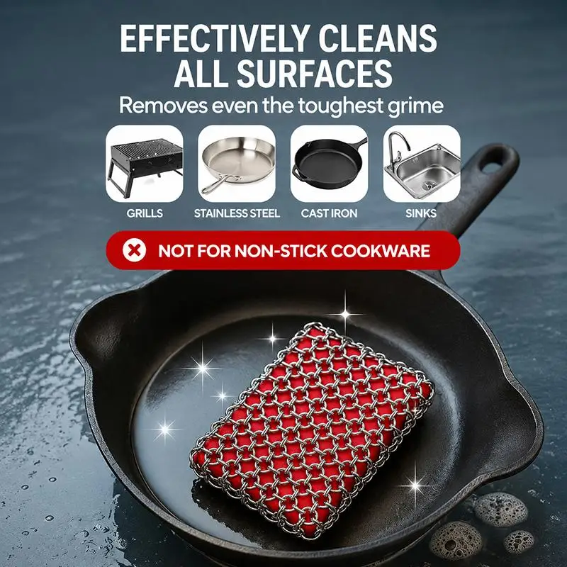 Stainless Steel Chainmail Scrubber Easy to Store Rust Proof Cleaner for Cast Iron Cookware Woks Grills Restaurant Kitchen