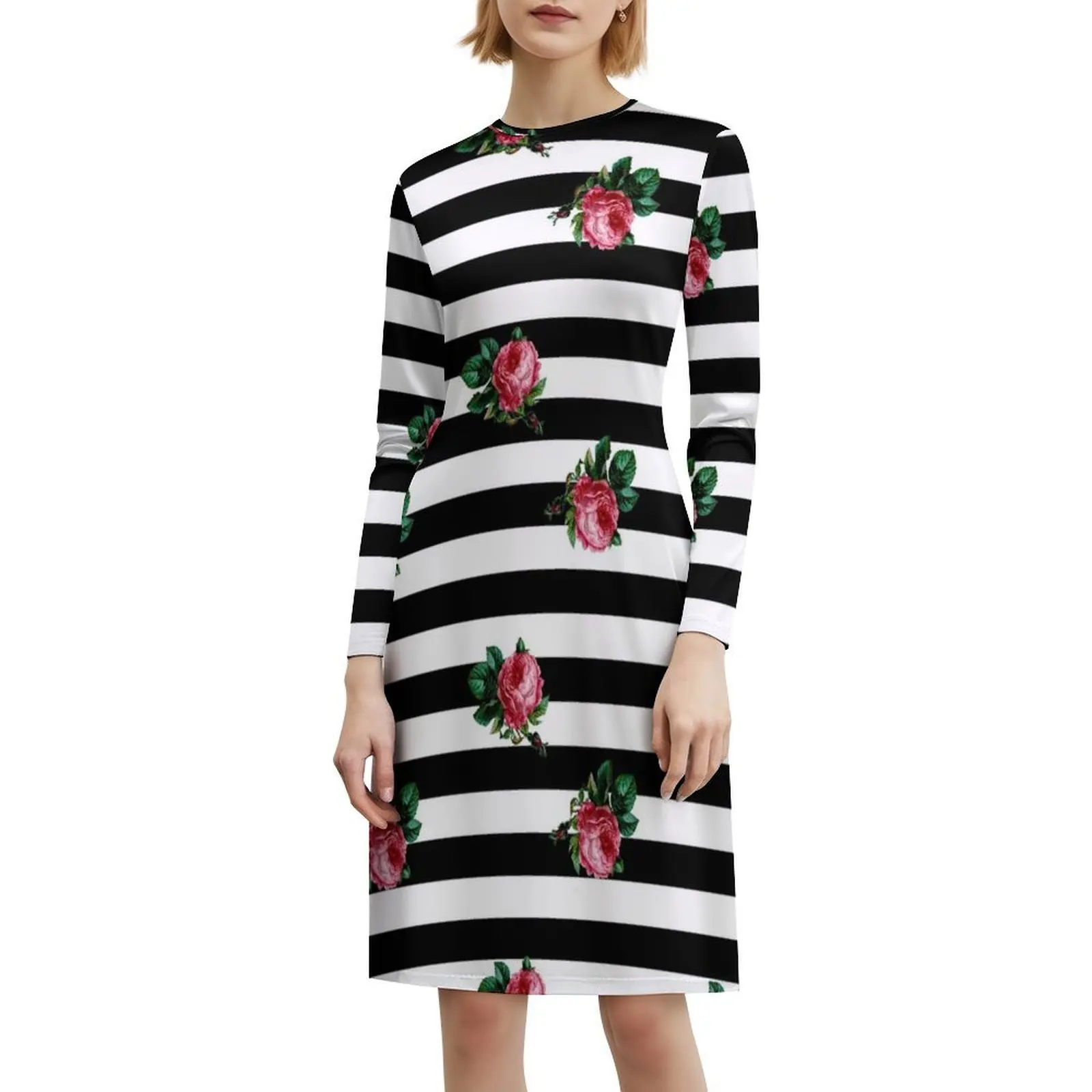 فستان كاجوال على الطراز الكوري من الورود بخطوط سوداء للنساء فساتين بسيطة يومية للمكتب للسيدات خطوط سوداء ملابس نسائية #6