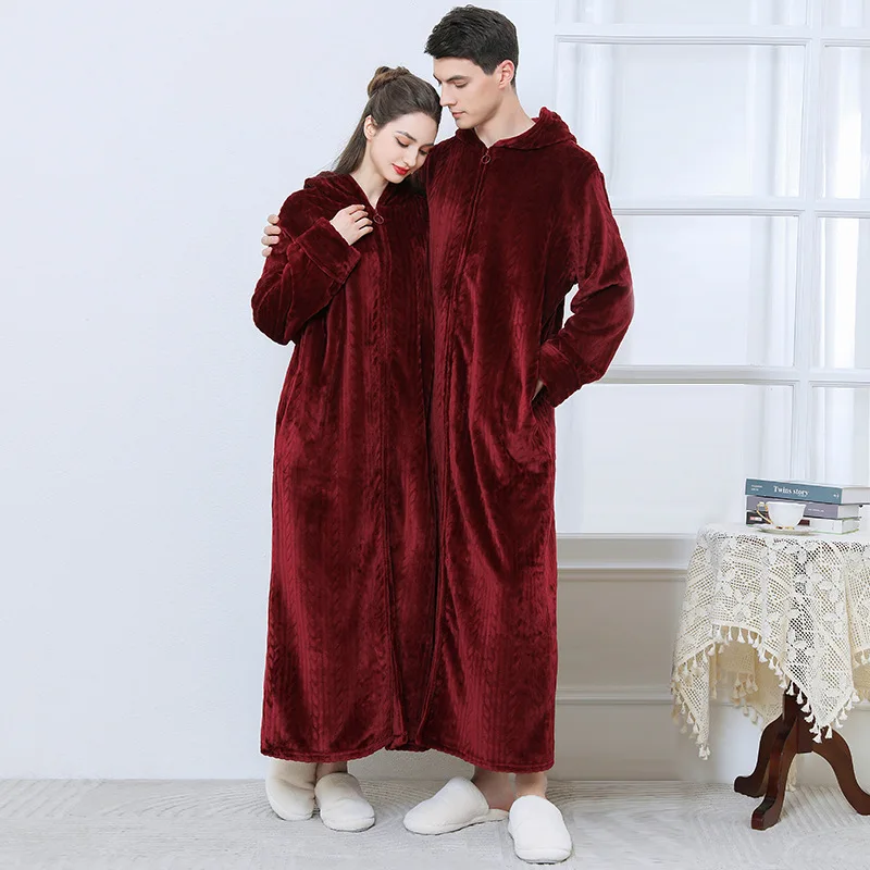 Women\'s Winter Flannel Nightgown Thickened Coral Fleece Long Sleeved Plus Size Hooded Zipper Nightgown Home Wear