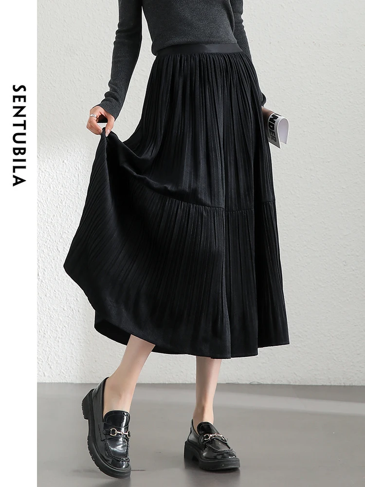 

SENTUBILA Elegant Velvet Black Skirts Women 2024 Autumn Temperament A-line Elastic Waist Folds Long Skirt Cake Skirt 143Q56262