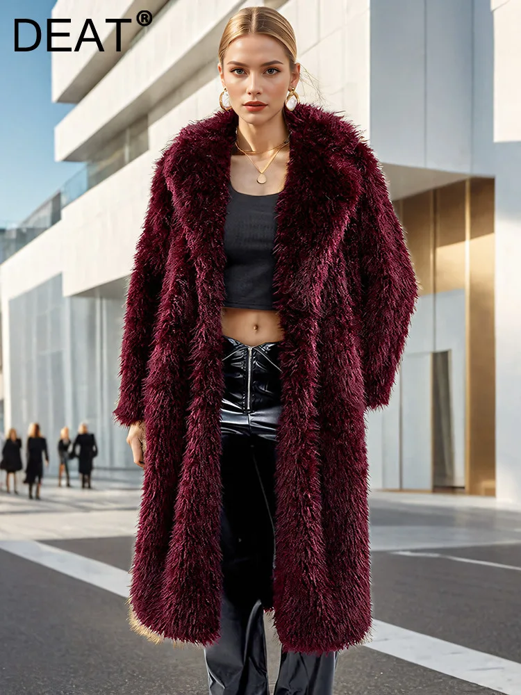 DEAT-Manteau en Fausse Fourrure à Manches sulfpour Femme, Veste Chaude en Peluche à Revers, Optique de Documents Solide, Nouvelle Tendance Hiver 2024, 7AB6para