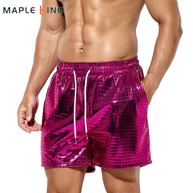 

Мужские шорты на шнурке для ночного клуба, металлик, дискотека, уличная одежда, брюки в стиле стимпанк, блестящие клетчатые мужские брюки в стиле хип-хоп, Cortos