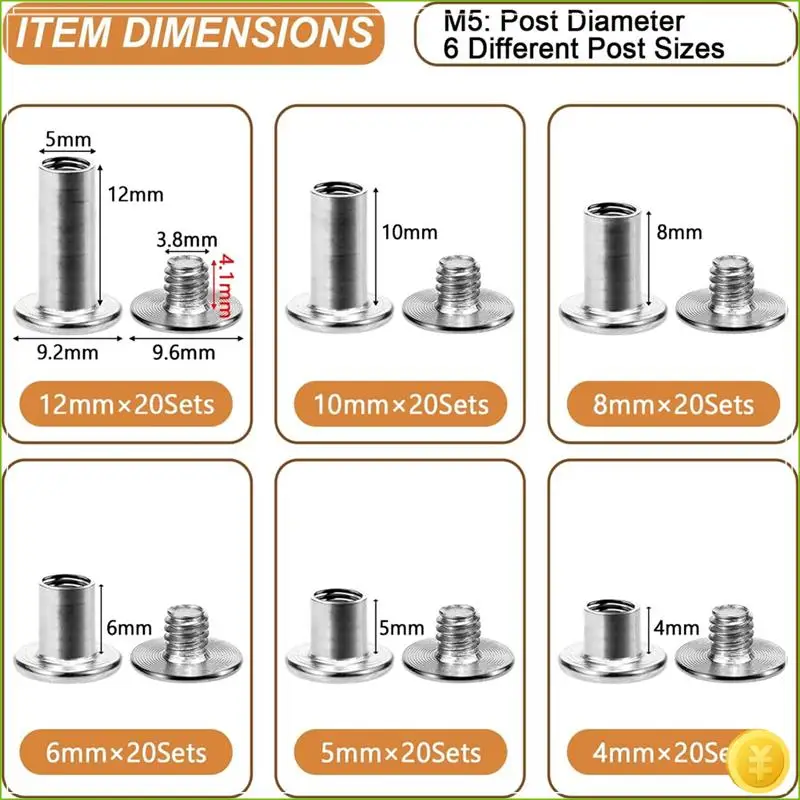 120 Sets Leather Rivet Binding Screws Hardware Fasteners For Belts, Wallets, Bags, Collars