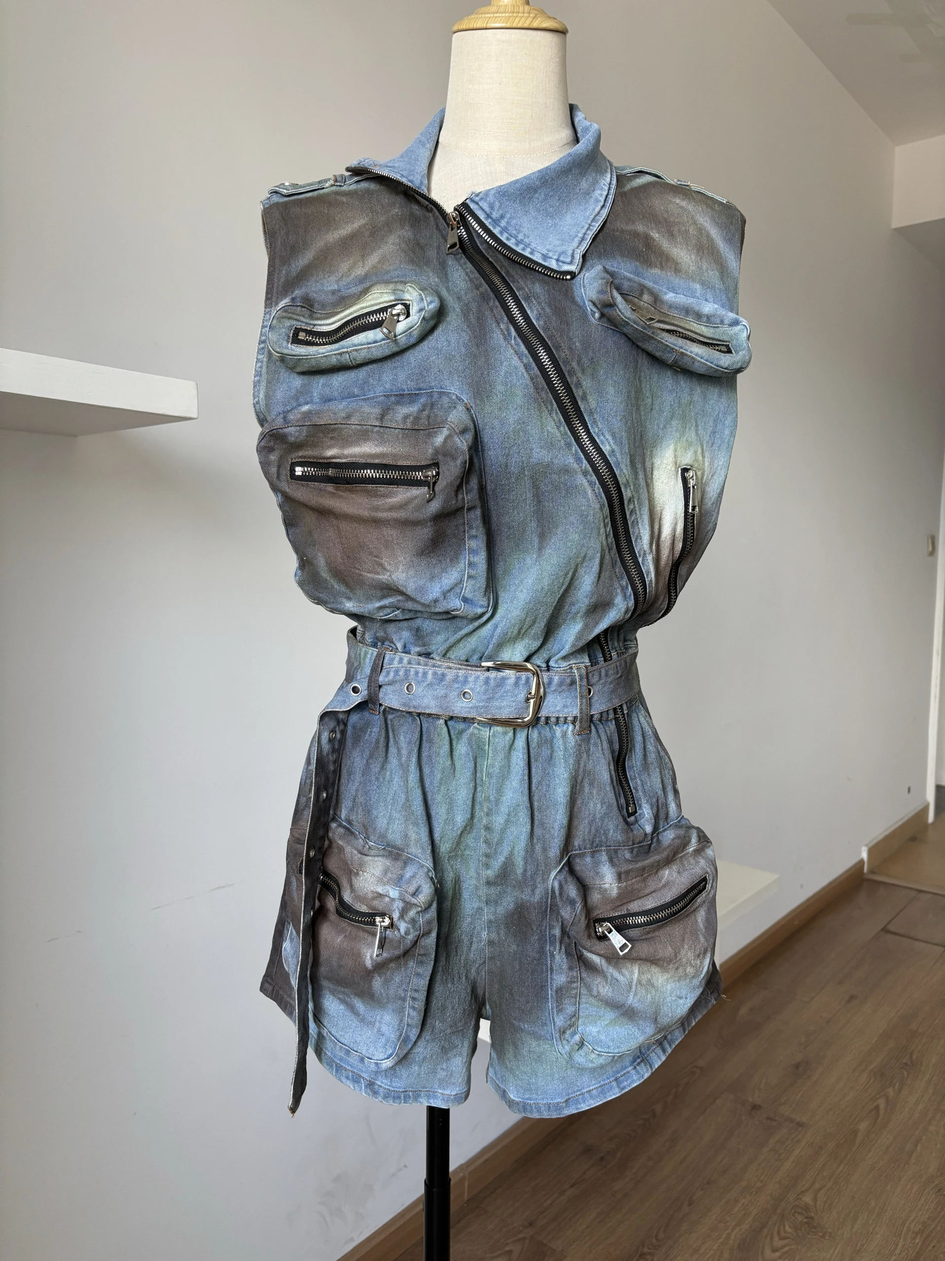 

Street Sle Wide Leg Overalls Denim Print Cargo kets Elastic Waisand ort Pants Casual Loose Fit Summer Cotton Blend