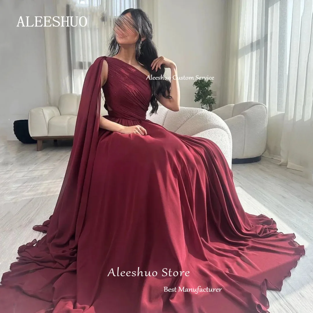 Aleeshuo gaun Prom wanita elegan gaun malam lengan panjang bermanik A-line gaun pesta lipat merah