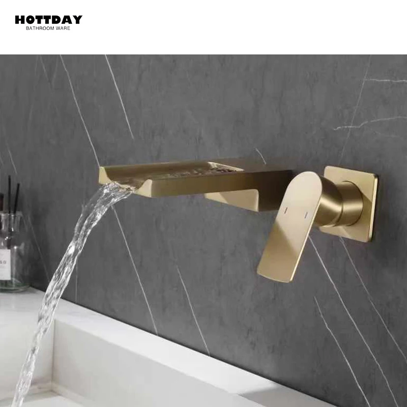 

Brushed Gold Black Bathroom Waterfall Basin Mixer Faucet Single Lever Wall Mounted Washing Basin Taps Waterfall Bath Mixer Tap