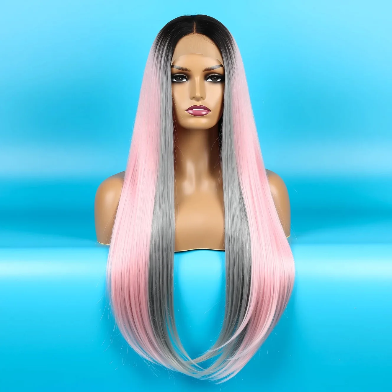 Synthetic Long Ombre Three-Tone Lace Front Wig Middle Part Realistic Natural Colorful Cosplay Party Hair for Women Fashion