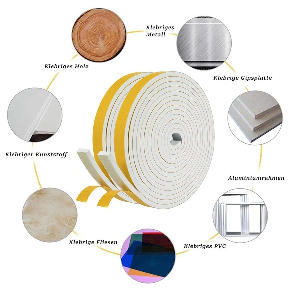 Self Adhesive Foam Tape Door Window Seal Door Draught Excluder Weatherstripping 6mm Wide x 3mm Thick 3 Pcs Each White