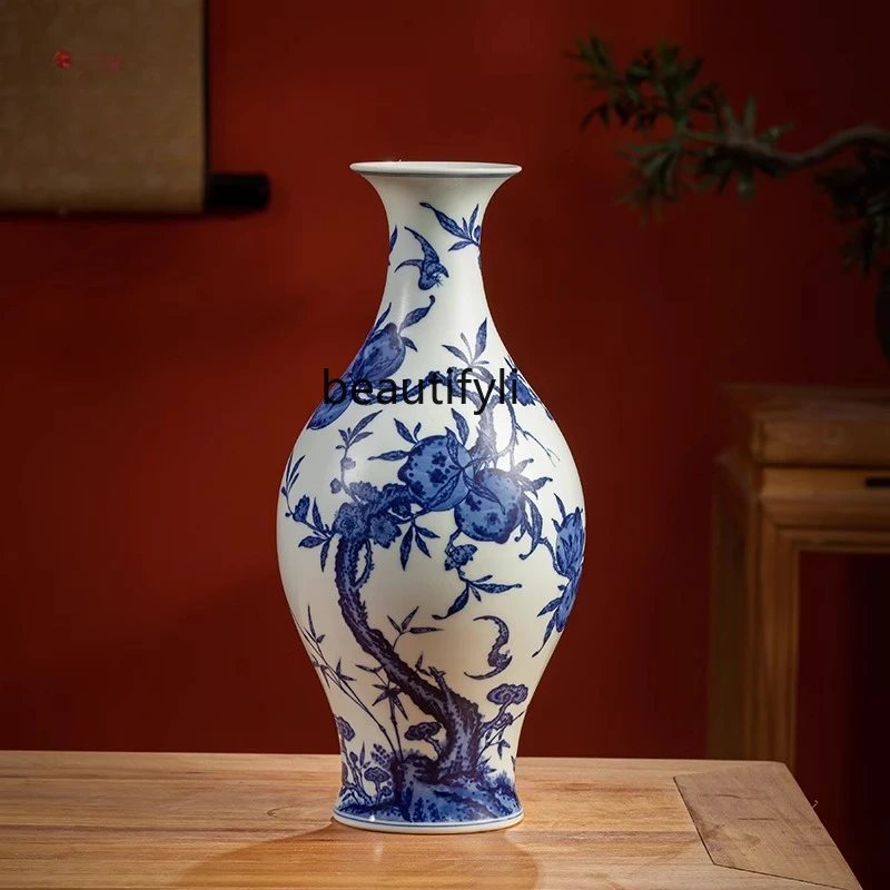 

Ceramic vase Porcelain hand-painted blue and white Fushou pattern Fu Tao living room Bogu frame ornament Olive vase